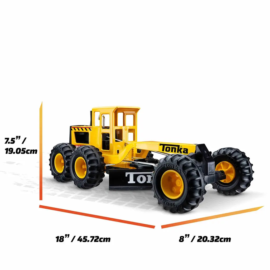 Yellow Tonka Tough Grader toy construction vehicle with six large black tires, shown on white background with labeled dimensions of 18 inches long, 8 inches wide, and 7.5 inches tall.