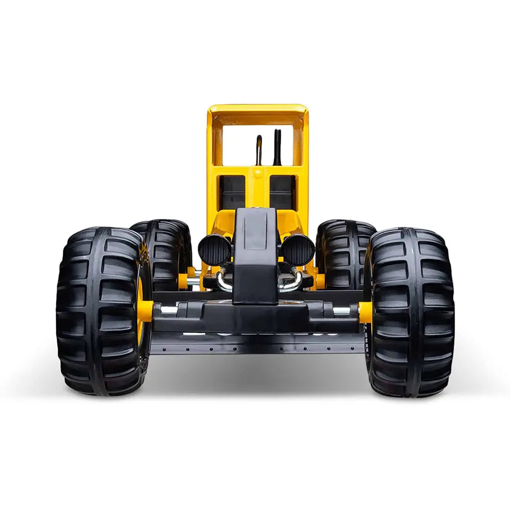 Front view of yellow Tonka Tough Grader toy featuring oversized treaded tires and black front blade attachment on a white background.