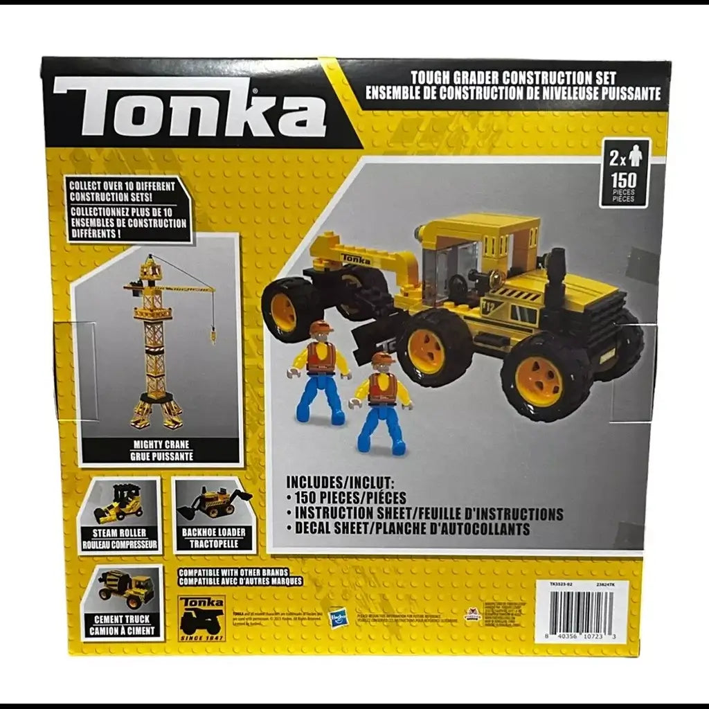 Back of Tonka Tough Grader Construction Set box showing yellow grader, two toy worker figures, and images of other Tonka sets like crane and cement truck.