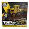 Front of Tonka Tough Grader Construction Set packaging showing the yellow grader toy, 150-piece count, and two worker mini-figures with Tonka branding.