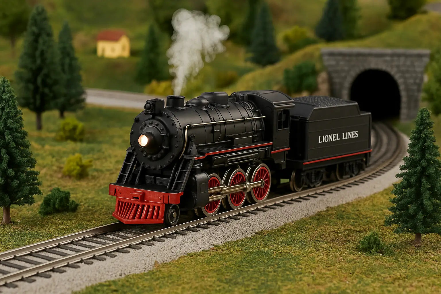 Model train Lionel Lines black metal steam locomotive with red wheels and textured detailing runs on a curved track through a grassy diorama dotted with trees and a stone tunnel behind it.