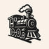 Black train icon with bold curved lines, solid geometric forms, and stylized steam shapes creating a simplified steam-locomotive graphic set against a light background for strong visual contrast.