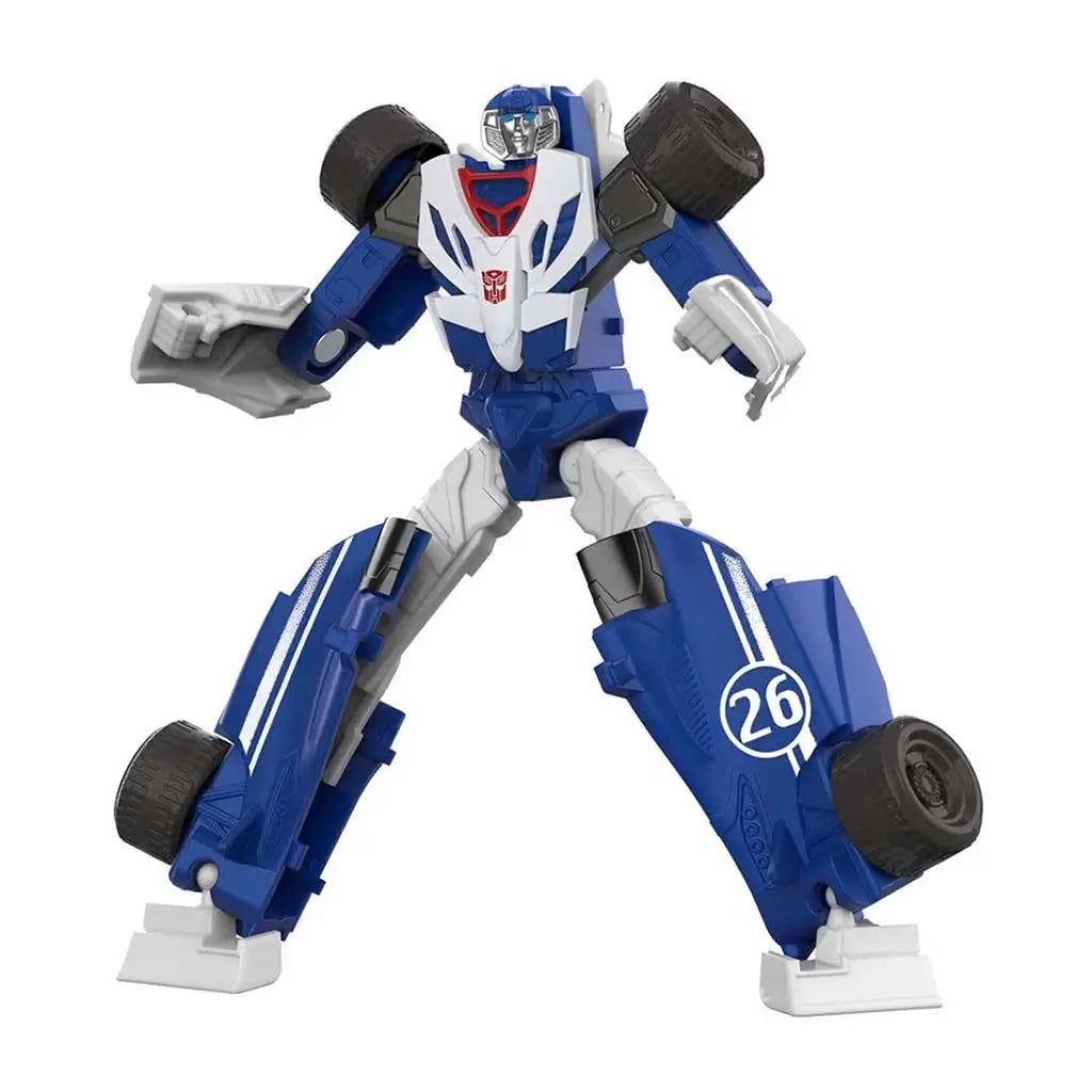 Transformers Authentics Alpha Autobot Mirage action figure in robot mode, posed dynamically with blue and white armor, number 26 racing details, and tire shoulders.