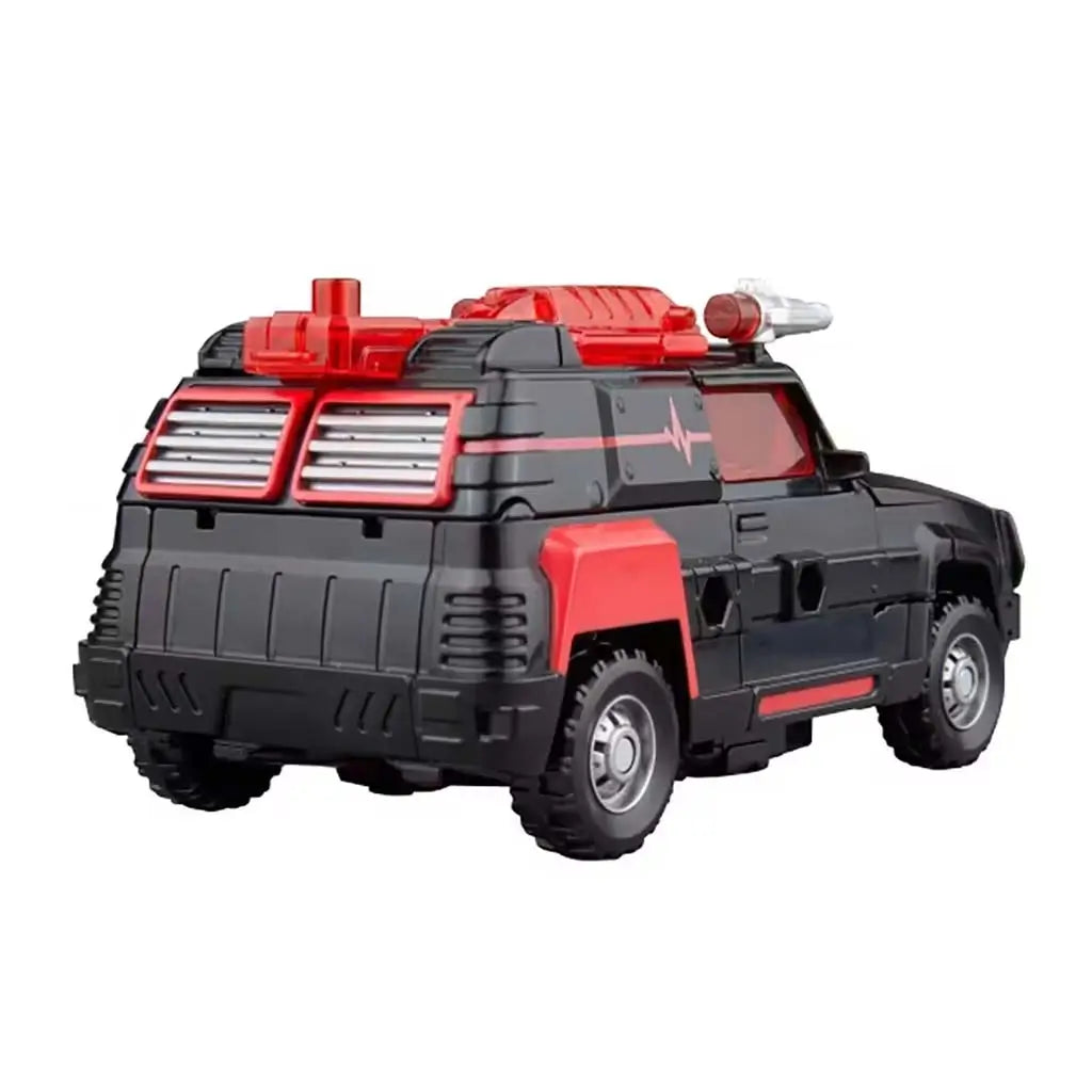 Transformers Flatline black and red off-road vehicle rear view with molded vents, red side panels and rugged wheels displayed against clean white background for toy detailing.
