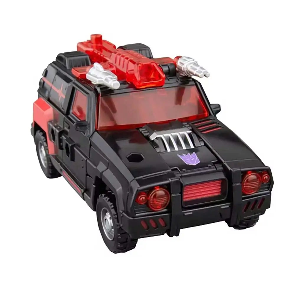 Transformers Flatline black and red off-road vehicle mode with rugged tires, red roof cannon and angular grille shown angled on plain white backdrop for alternate mode view.