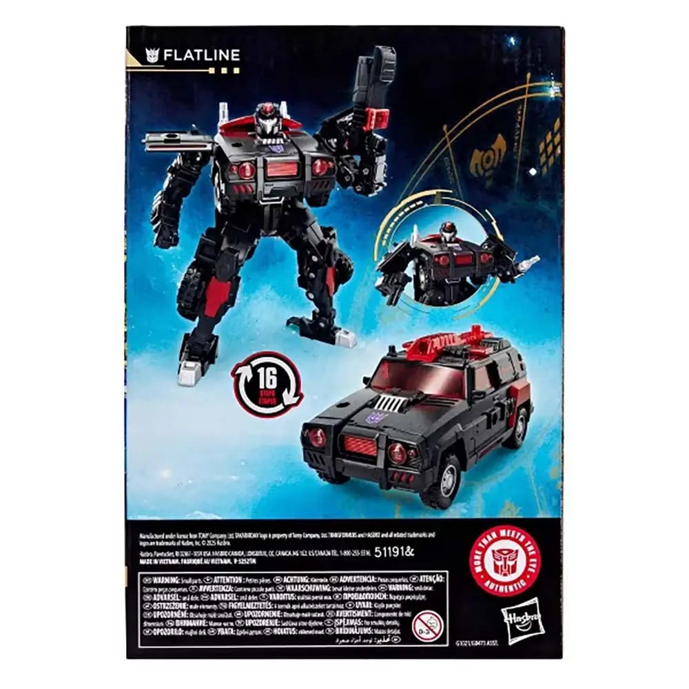 Transformers Flatline robot and vehicle modes shown on blue cosmic-themed package back with transformation steps icon and Decepticon symbol emphasizing 16-step conversion play.
