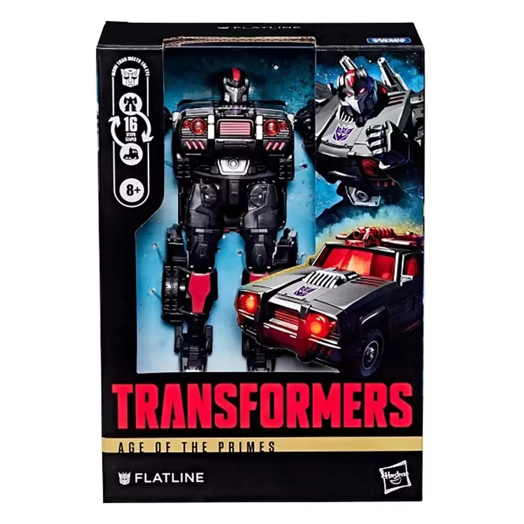 Transformers Flatline boxed figure in black and gold Age of the Primes packaging with window display showing robot mode beside illustrated vehicle art for retail presentation.