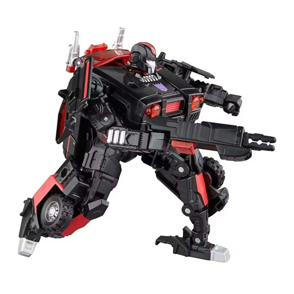 Transformers Flatline articulated black and red robot figure posed in dynamic crouched position holding large blaster weapon against white background for action-ready showcase.