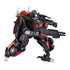 Transformers Flatline articulated black and red robot figure posed in dynamic crouched position holding large blaster weapon against white background for action-ready showcase.