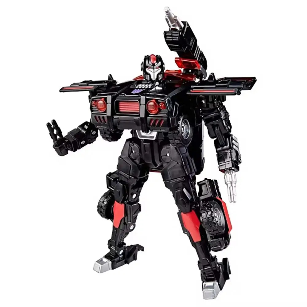 Transformers Flatline black and red plastic action figure with angular armored panels, silver accents and detailed robot limbs posed upright against white background for collectible display.