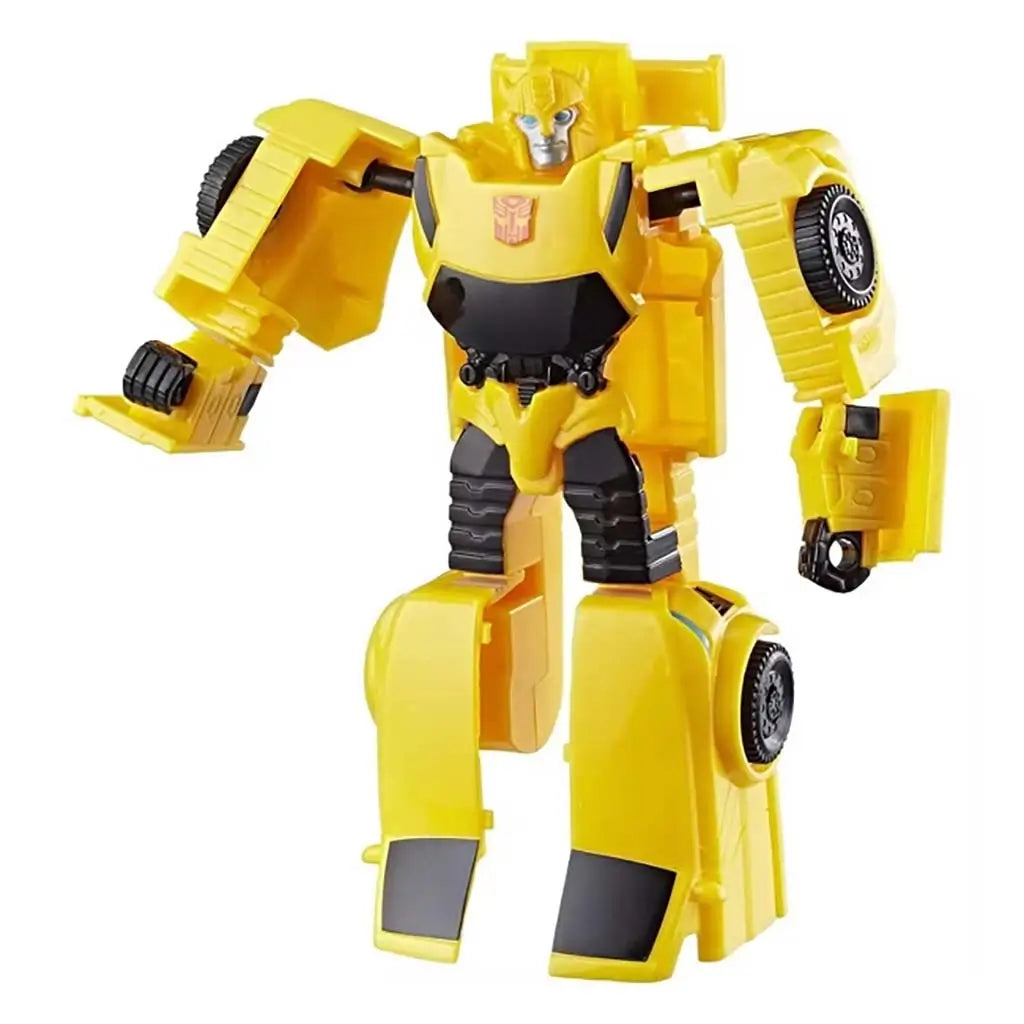 Transformers Bumblebee action figure in bright yellow plastic armor with black torso plates, molded wheels, and silver face, posed upright in robot mode with sturdy limbs on a clean white backdrop.
