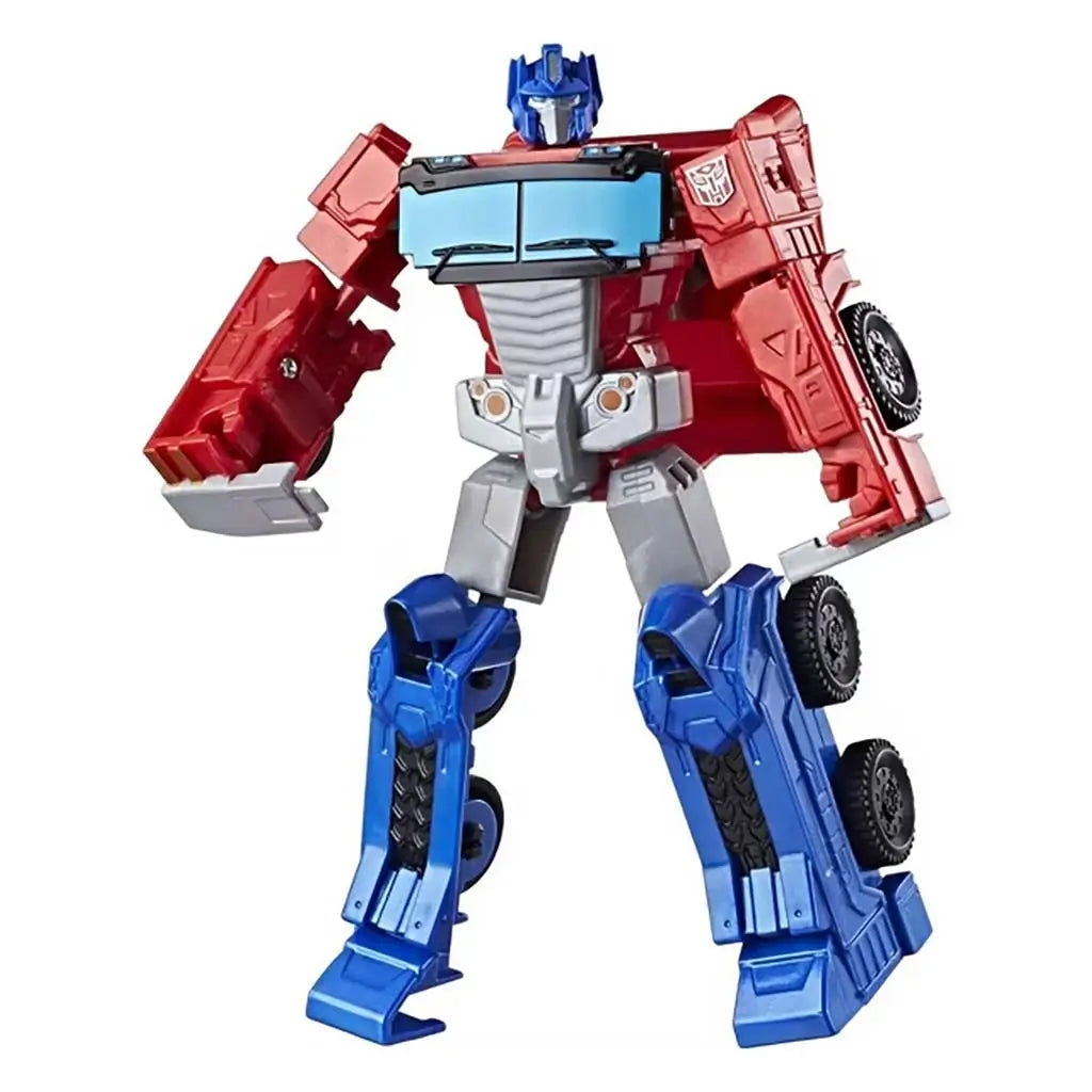 Transformers Optimus Prime toy figure in bright red plastic panels, smooth molded details, and angular robot shape, showing articulated limbs and truck parts against a plain white background.