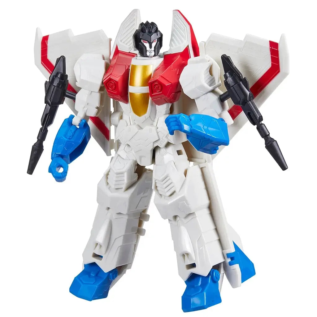 Transformers Starscream action figure in white plastic armor with red chest plates, blue forearms, and black twin blasters, standing in robot form with wings spread against a plain white background.