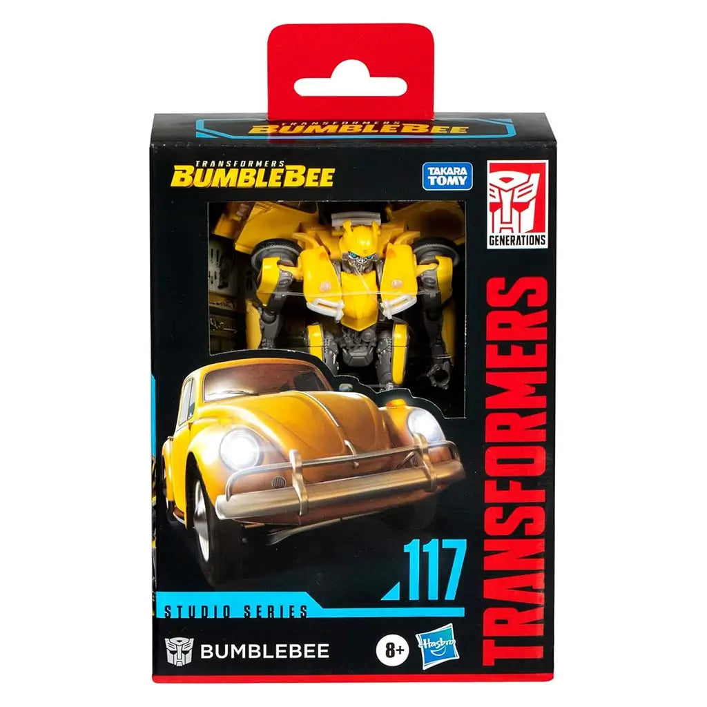 Transformers Bumblebee Studio Series packaging with window revealing yellow robot figure, classic VW Beetle artwork, bold franchise branding, and numbered display box design for collectors ages eight and up.
