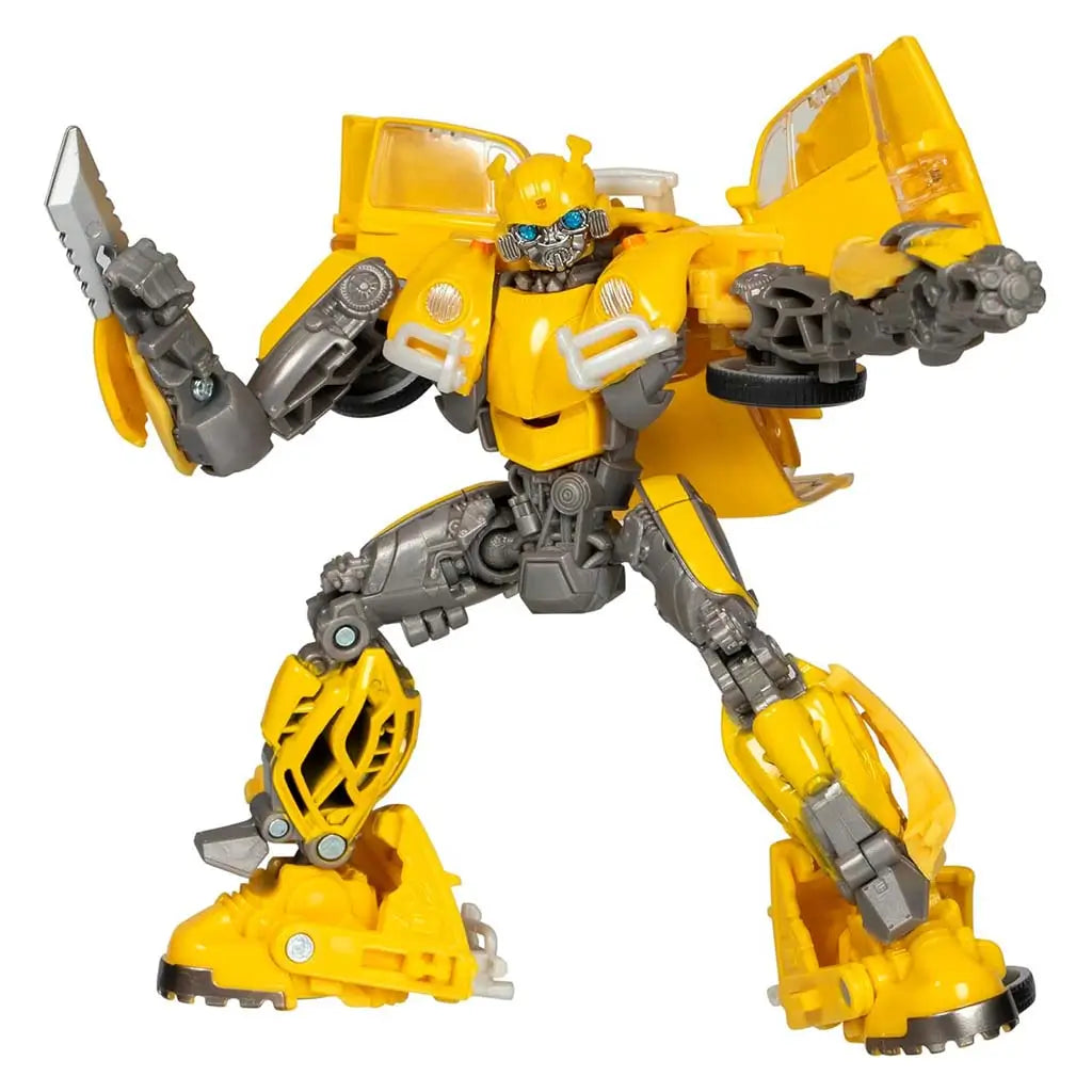 Transformers Bumblebee figure featuring bright yellow armor with gray mechanical joints, dynamic battle pose, detailed face sculpt, and folded car doors forming wings against a clean white backdrop.