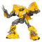 Transformers Bumblebee figure featuring bright yellow armor with gray mechanical joints, dynamic battle pose, detailed face sculpt, and folded car doors forming wings against a clean white backdrop.