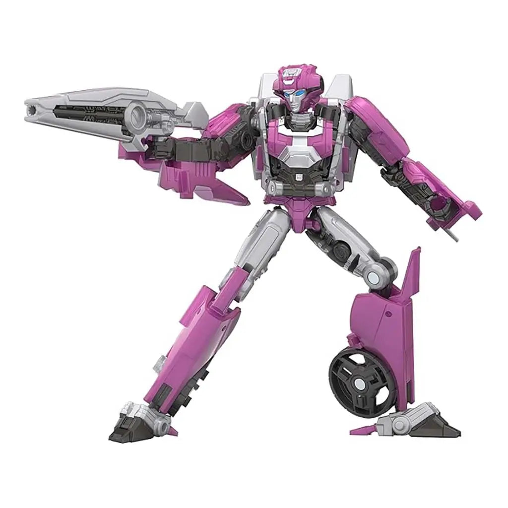 Transformers Elita-1 pink and silver plastic action figure with smooth molded panels and angular humanoid shape posed with arm blaster extended, standing against plain white backdrop.
