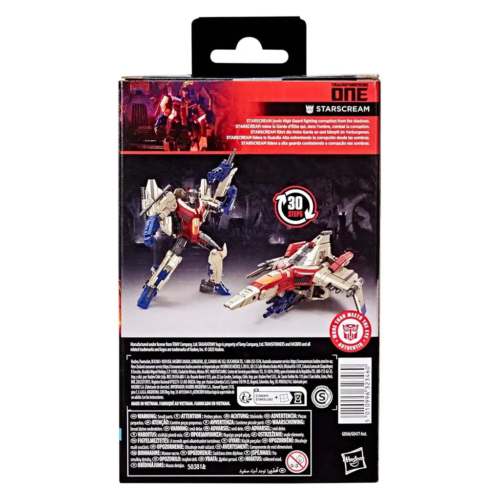 Transformers ONE Starscream package back featuring robot and jet modes, 30-step conversion callout, multilingual description text, and branded graphics on a dark sci-fi illustrated backdrop.