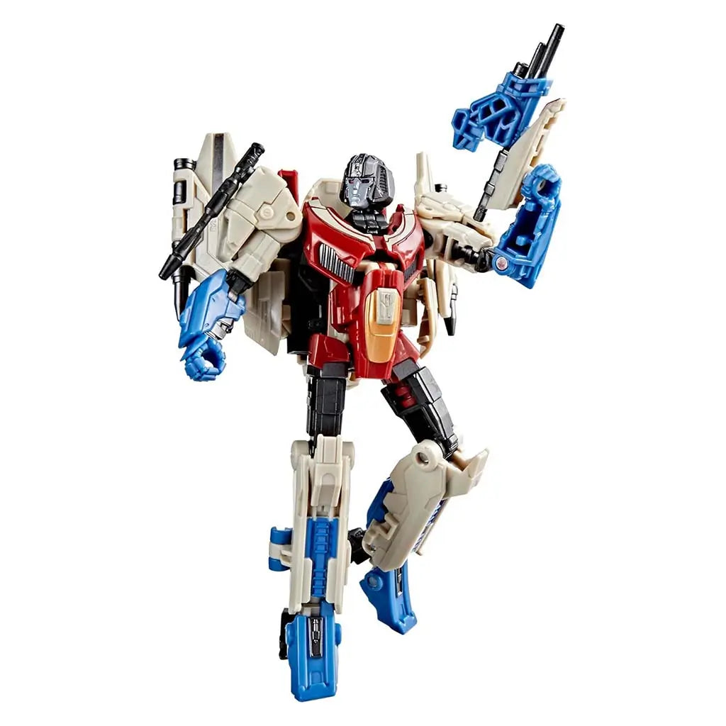 Transformers ONE Starscream action figure in bold red, blue, and beige colors with angular robotic armor, articulated limbs, twin blasters, and dynamic pose against a plain white background for collectible display.