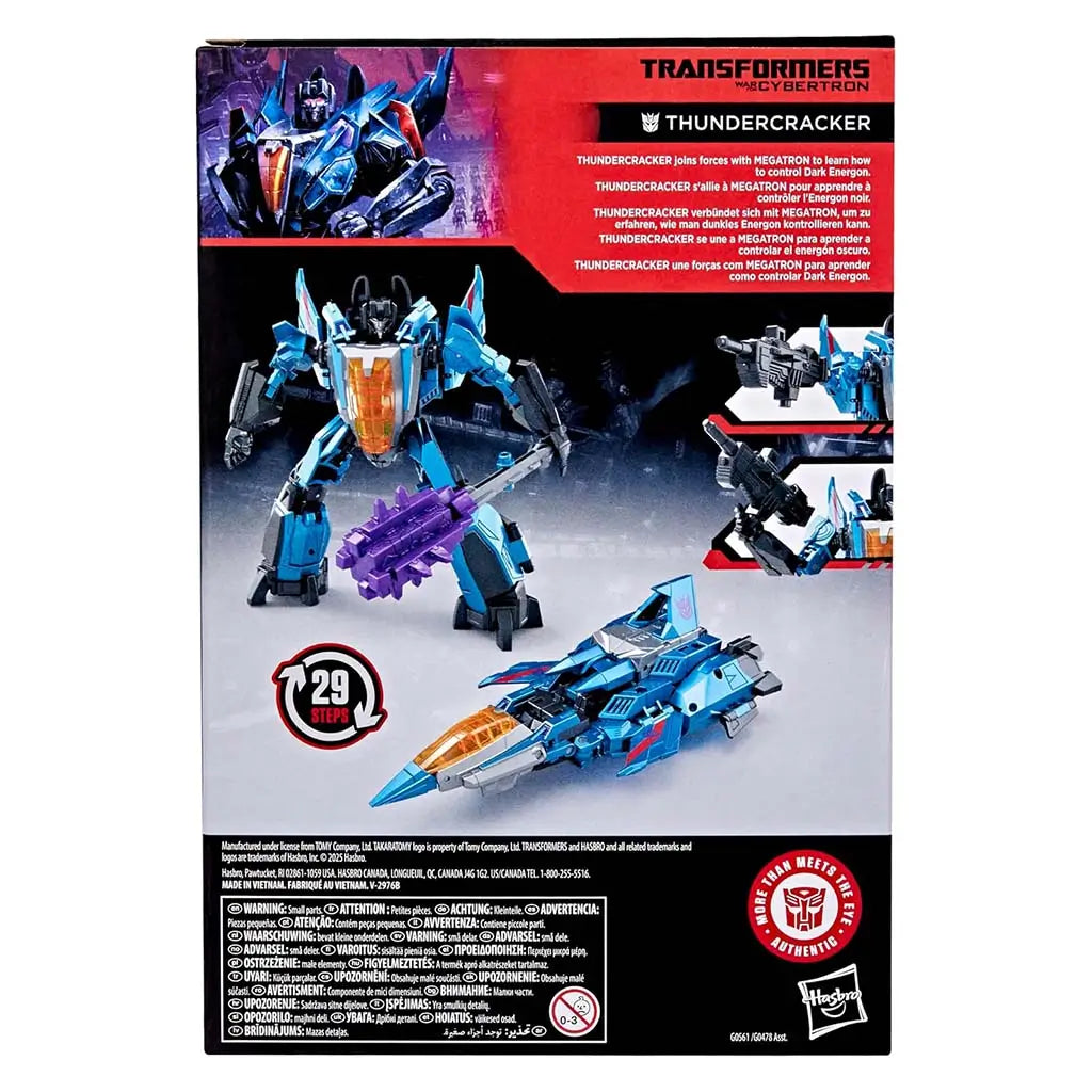 Back of Transformers Thundercracker packaging displaying robot and tetra jet forms, red multilingual bio panel, 29-step conversion icon, and safety warnings over dark metallic artwork.