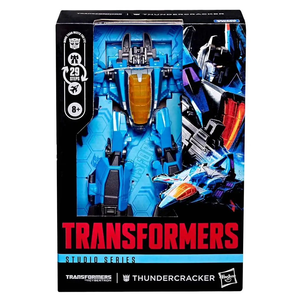 Front of Transformers Studio Series Thundercracker box with the blue figure visible in a window, bold red TRANSFORMERS branding, character art, and 29-step conversion label for ages 8 and up.
