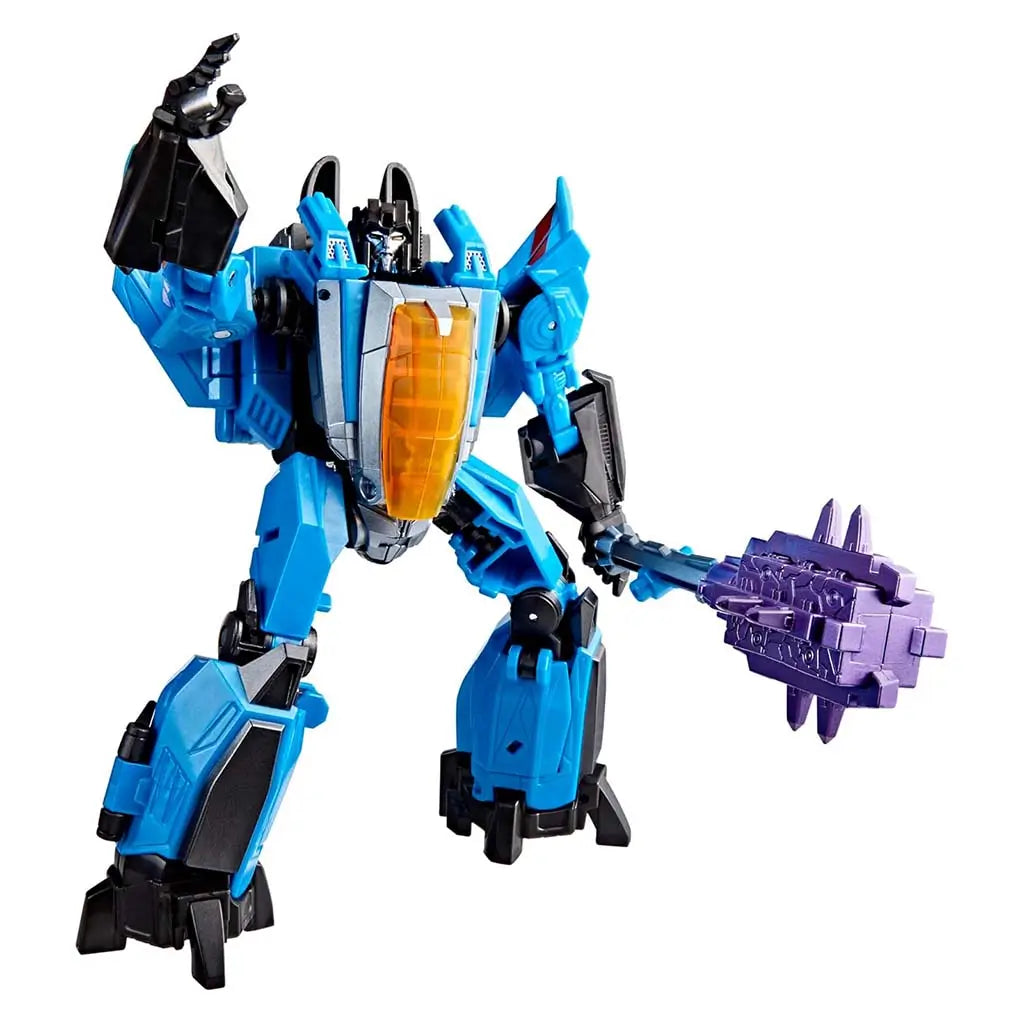 Transformers Thundercracker figure in bright blue plastic with black accents and an amber cockpit chest panel posed dynamically while gripping a large purple spiked mace on articulated robot limbs.
