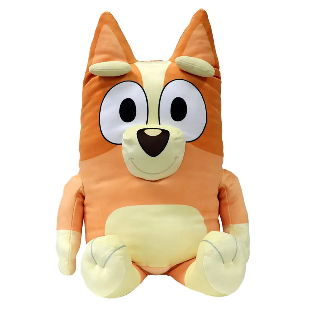 Bluey Bingo plush toy in orange and cream soft fabric with upright ears and rounded limbs, upright seated form, large oval eyes and smiling face, cuddly character plush, isolated on white background