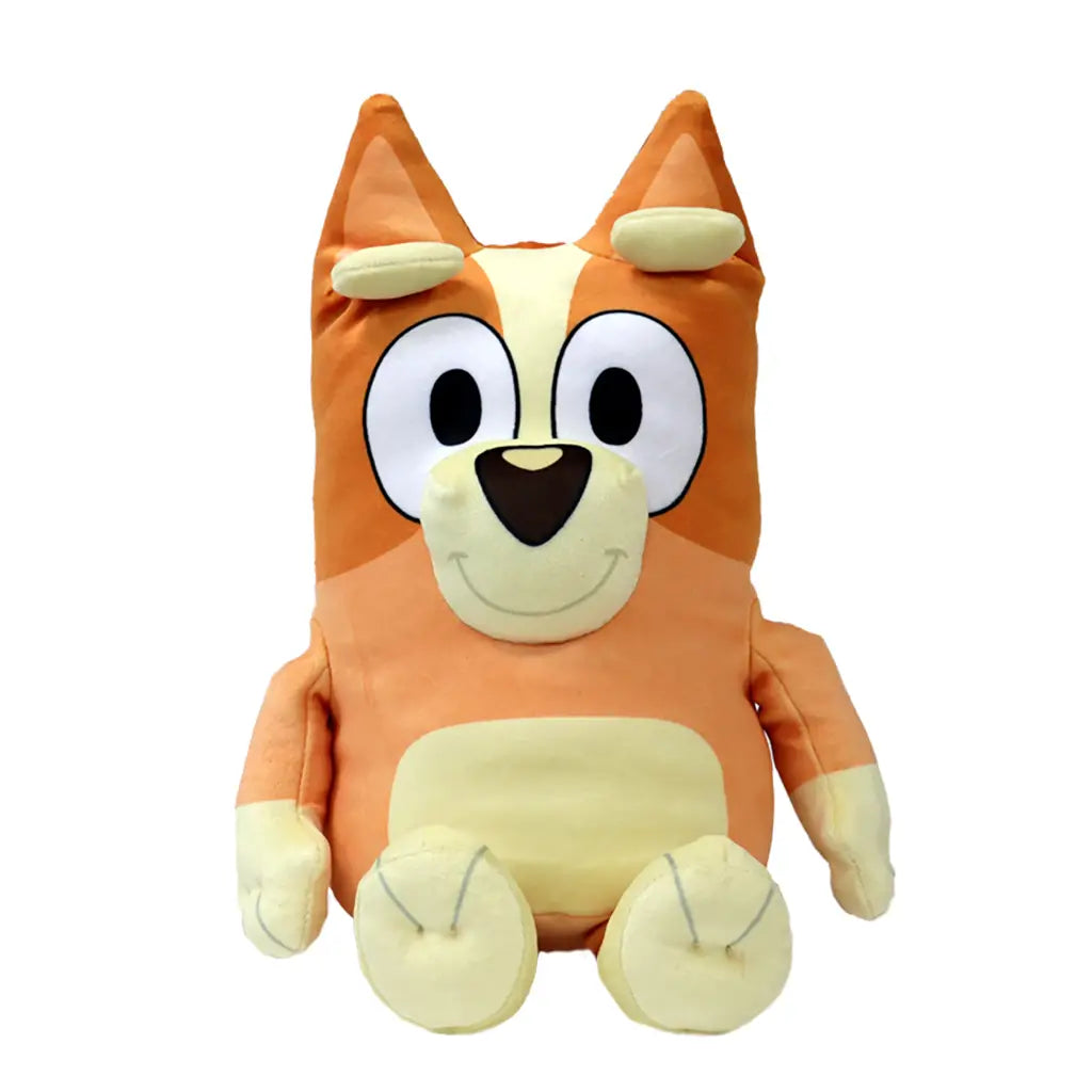 Bluey Bingo plush toy in orange and cream soft fabric with upright ears and rounded limbs, upright seated form, large oval eyes and smiling face, cuddly plush character, isolated on white background