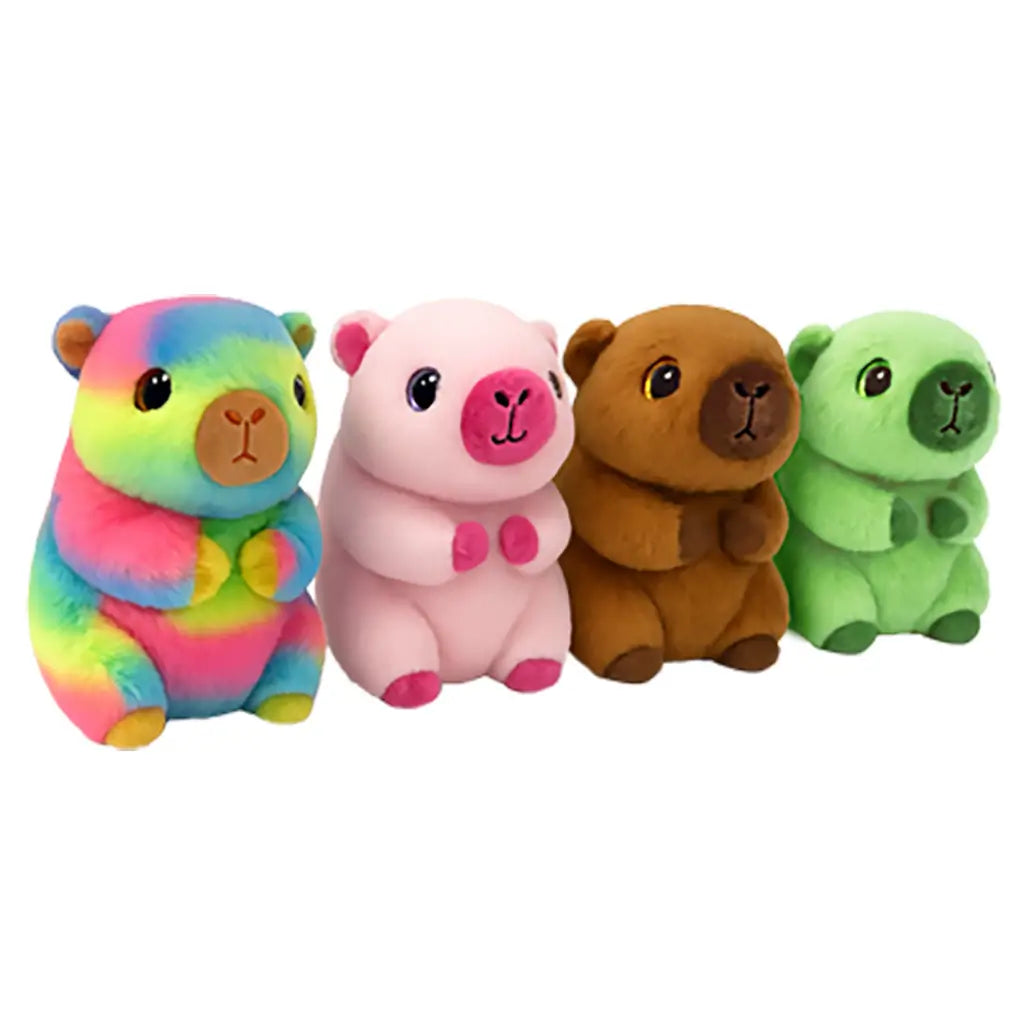 Colorful capybara plush toys by Ty Beanie Babies feature soft fabric, rounded bodies, small ears and paws in rainbow, pink, brown, and green on white.
