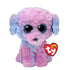 Ty Beanie Boos Flora poodle plush toy in pink and blue curly fuzzy fabric with rounded body, featuring large blue glitter eyes, floppy ears, tiny nose, and pastel color pattern on a white background.