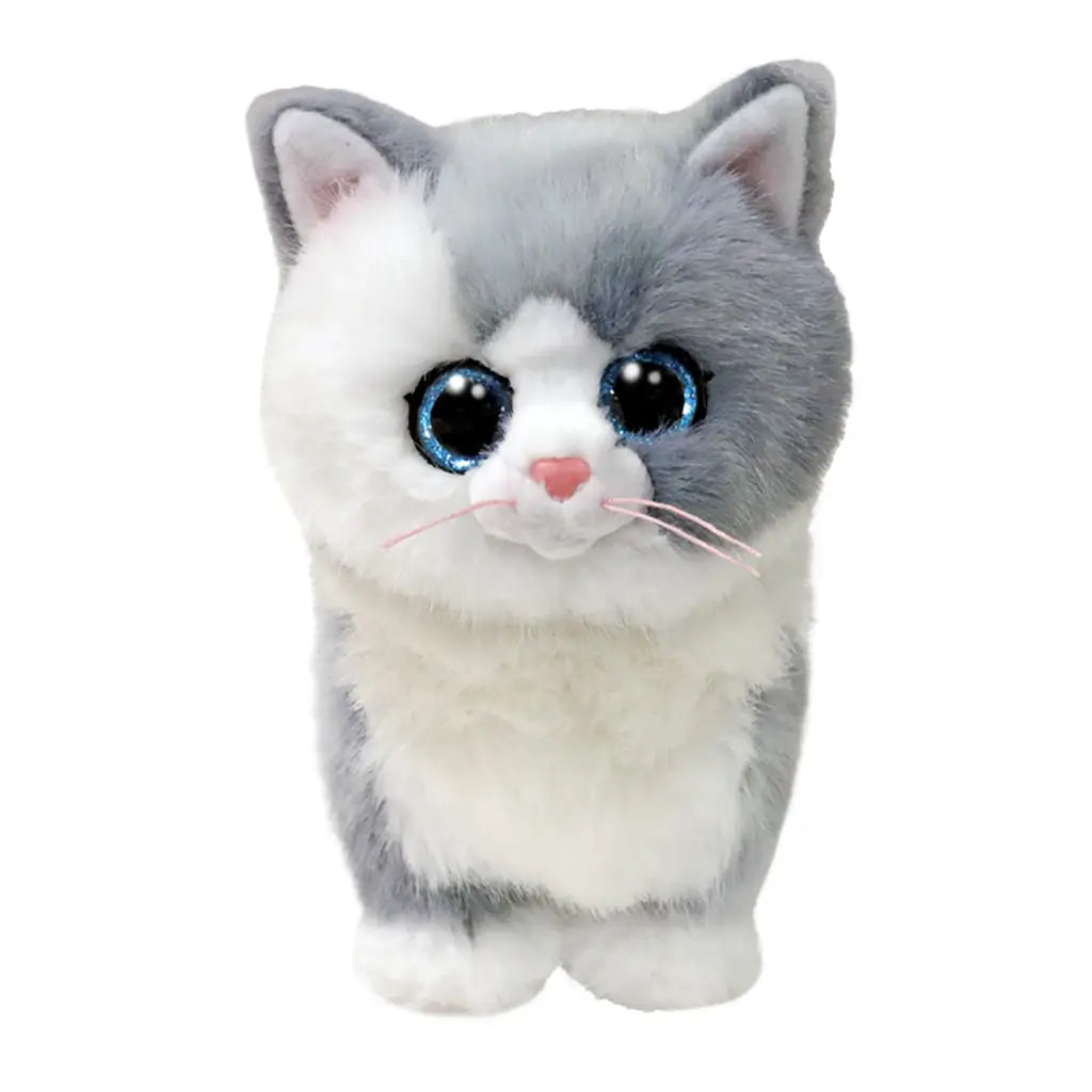 Ty Beanie Babies Furley gray cat plush toy in gray and white soft faux fur with rounded kitten shape, featuring large glittery blue eyes, pink nose, whiskers, and upright ears on a white background.