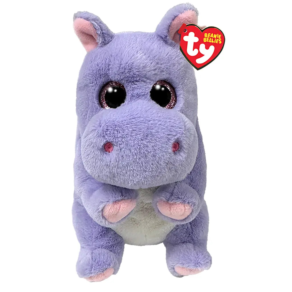 Ty Beanie Bellies Henrietta hippo plush toy in soft purple fuzzy fabric with rounded chubby body shape, featuring glittery pink eyes, small ears, embroidered nostrils, pale belly, and pink paw accents on a white background.