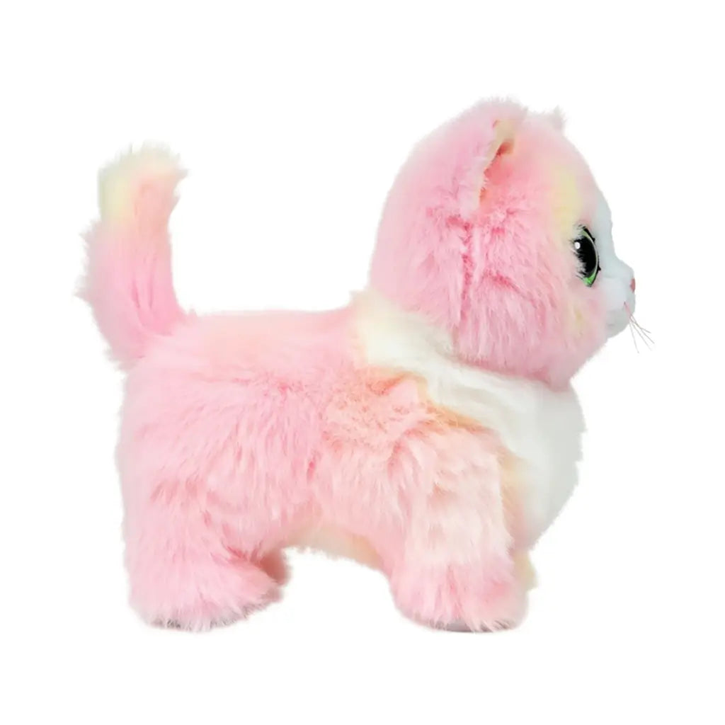 Ty Beanie Babies Lady pink cat plush toy in pastel pink and cream soft faux fur with small standing kitten shape, featuring raised tail, side profile, fluffy texture, and color patches on backdrop.