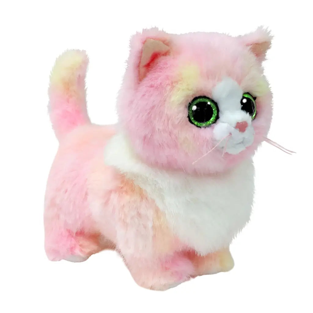 Ty Beanie Babies Lady pink cat plush toy in pastel pink and cream soft faux fur with rounded kitten shape, featuring large green glitter eyes, pink nose, whiskers, and upright ears on a white background.