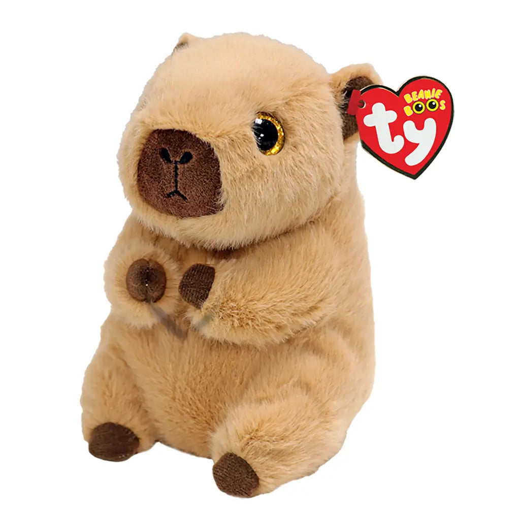Ty Beanie Boos Lara capybara plush toy in tan and brown fuzzy fabric with rounded seated body, featuring small ears, stitched nose and mouth, gold glitter eyes, and tiny paws on a white background.