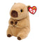 Ty Beanie Boos Lara capybara plush toy in tan and brown fuzzy fabric with rounded seated body, featuring small ears, stitched nose and mouth, gold glitter eyes, and tiny paws on a white background.