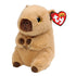 Ty Beanie Boos Lara capybara plush toy in tan and brown fuzzy fabric with rounded seated body, featuring small ears, stitched nose and mouth, gold glitter eyes, and tiny paws on a white background.