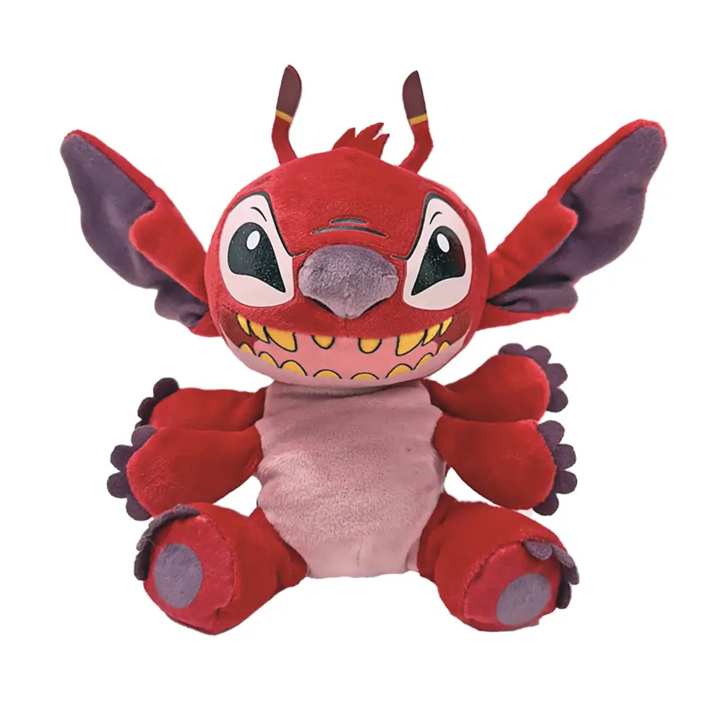 Disney Leroy plush toy from Lilo and Stitch in bright red soft fabric with rounded alien shape, featuring large ears, sharp teeth, multiple arms, and expressive eyes on white background.