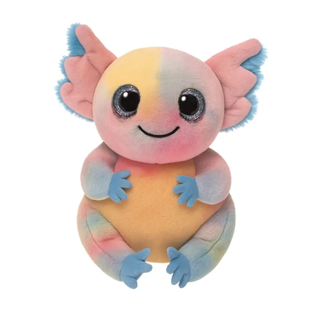 Ty Beanie Babies Loxie axolotl plush toy in pastel pink, yellow, and blue soft fabric with rounded amphibian shape, featuring large glittery eyes, frilled gills, and small limbs on a white background.