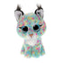 Ty Beanie Babies lynx plush toy in multicolor pastel blue, pink, and yellow soft faux fur with small sitting cat shape, featuring tufted ears, large glittery blue eyes, white muzzle, and fluffy texture on a white background.