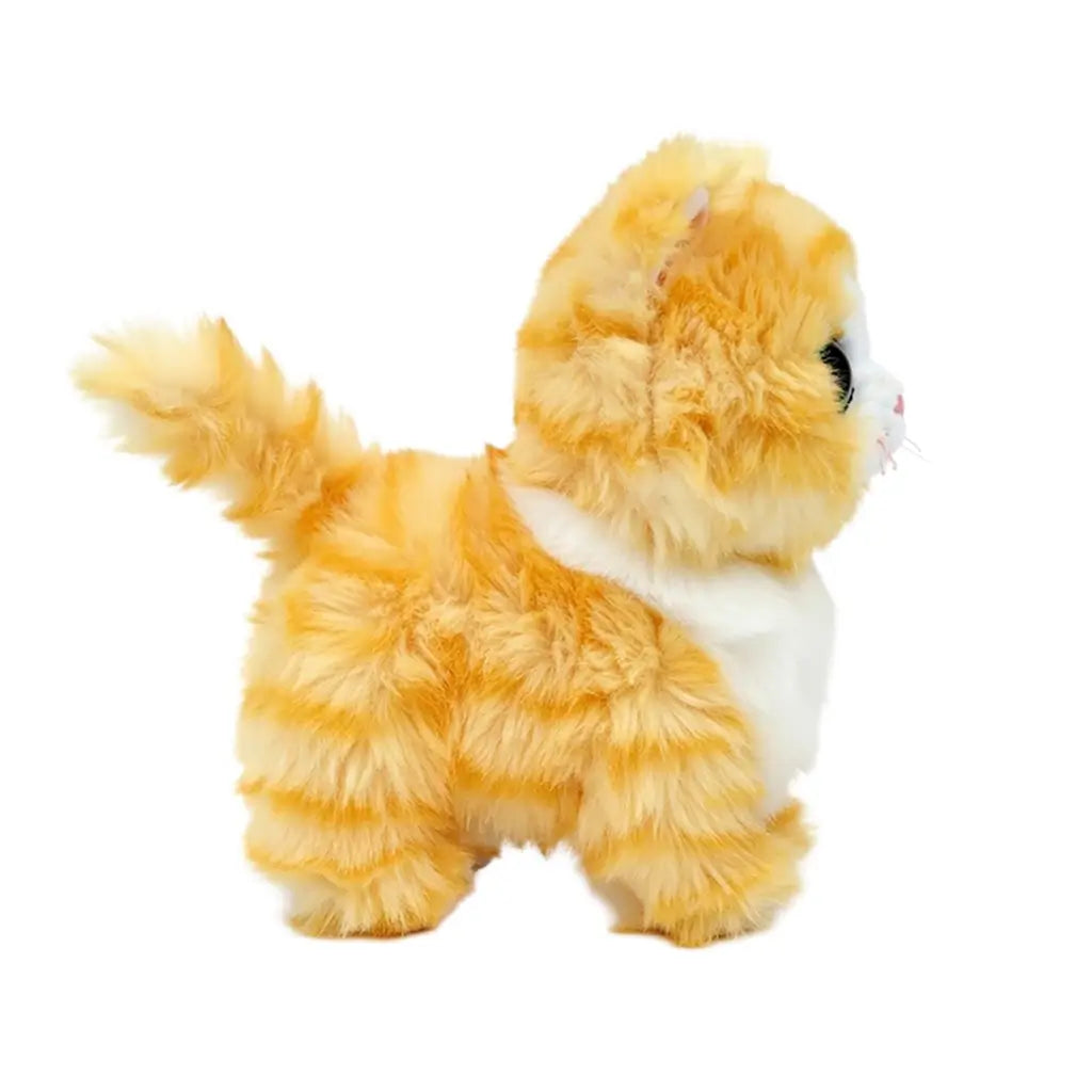 Ty Beanie Babies Melanie gold cat plush toy in yellow and white soft faux fur with small standing kitten shape, featuring striped texture, raised tail, side profile, and fluffy coat on backdrop.