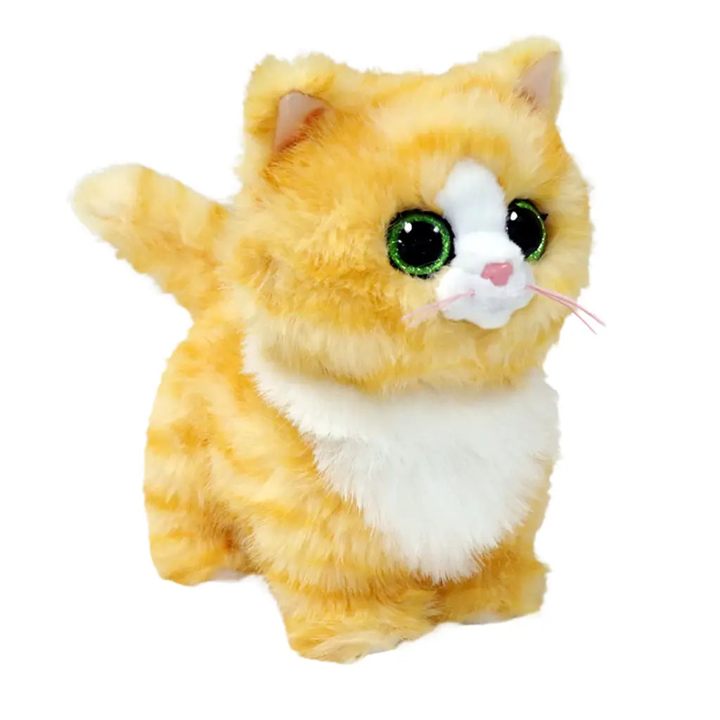 Ty Beanie Babies Melanie gold cat plush toy in yellow and white soft faux fur with rounded kitten shape, featuring large green glitter eyes, pink nose, whiskers, and upright ears on a white background.