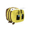 Minecraft Bee plush toy in bright yellow and brown soft fabric with blocky pixel-style shape, featuring small wings, striped body, square face, and stitched eyes, on a plain white background.