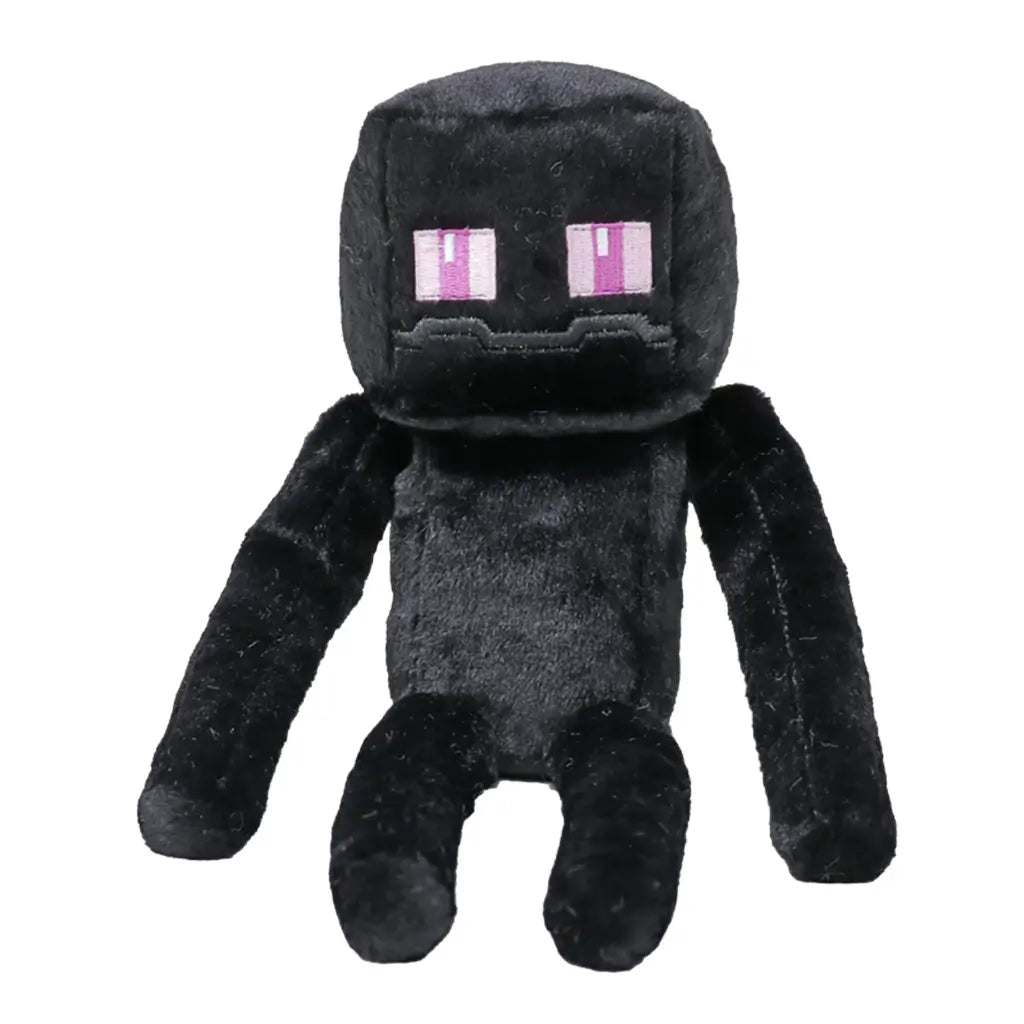 Minecraft Ender Dragon plush toy in black soft fabric with blocky pixel-style shape, featuring square head, purple eyes, long limbs, and minimalist facial details, on a plain white background.