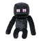 Minecraft Ender Dragon plush toy in black soft fabric with blocky pixel-style shape, featuring square head, purple eyes, long limbs, and minimalist facial details, on a plain white background.