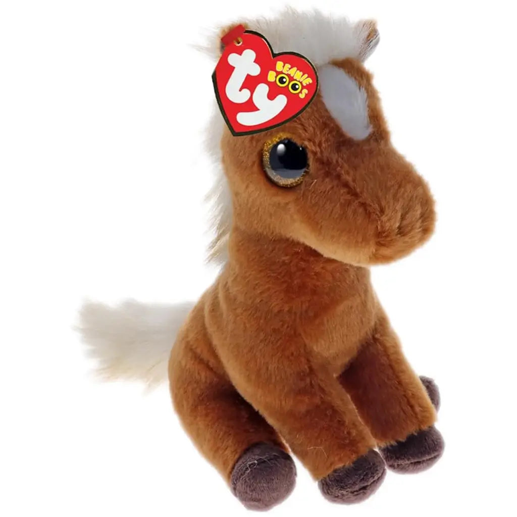 Ty Beanie Boos Morty mustang plush toy with brown soft fabric, slim horse shape, white mane and blaze, dark hooves, and large glitter eyes on a plain white background.