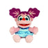 Sesame Street Abby Cadabby plush toy in pink fuzzy fabric with rounded character shape, featuring bright blue eyes, purple pigtails, and a light blue dress, designed as a soft collectible doll on a white background.