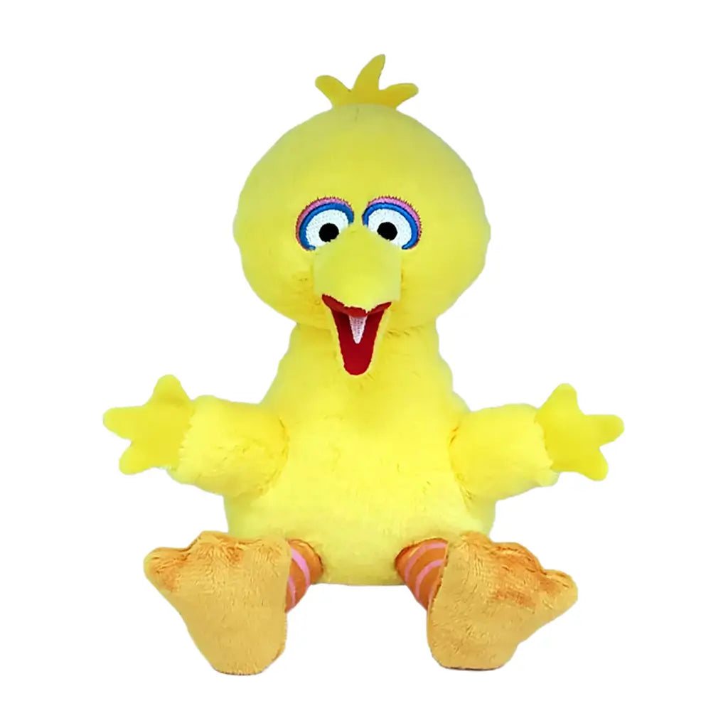 Sesame Street Big Bird plush toy in bright yellow soft fabric with rounded bird shape, featuring large colorful eyes, orange beak, striped legs, and outstretched wings, on a plain white background.