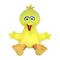 Sesame Street Big Bird plush toy in bright yellow soft fabric with rounded bird shape, featuring large colorful eyes, orange beak, striped legs, and outstretched wings, on a plain white background.