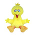 Sesame Street Big Bird plush toy in bright yellow soft fabric with rounded bird shape, featuring large colorful eyes, orange beak, striped legs, and outstretched wings, on a plain white background.